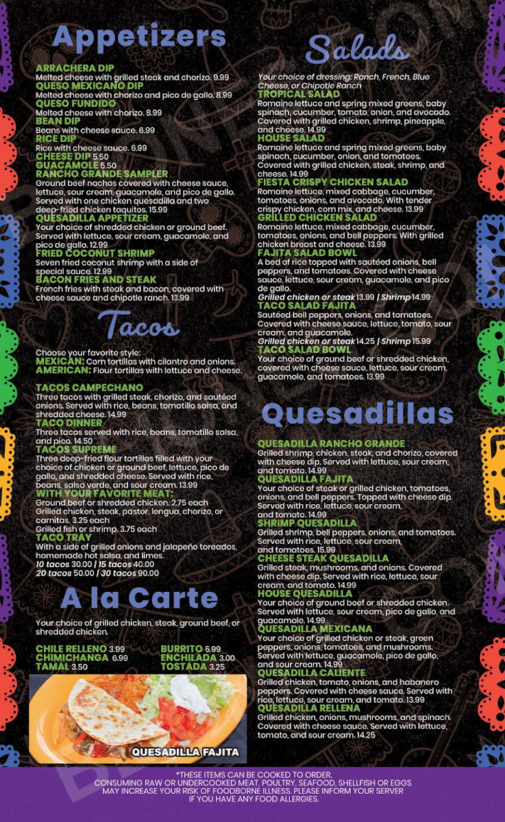 Rancho Grande Bar & Grill menu board