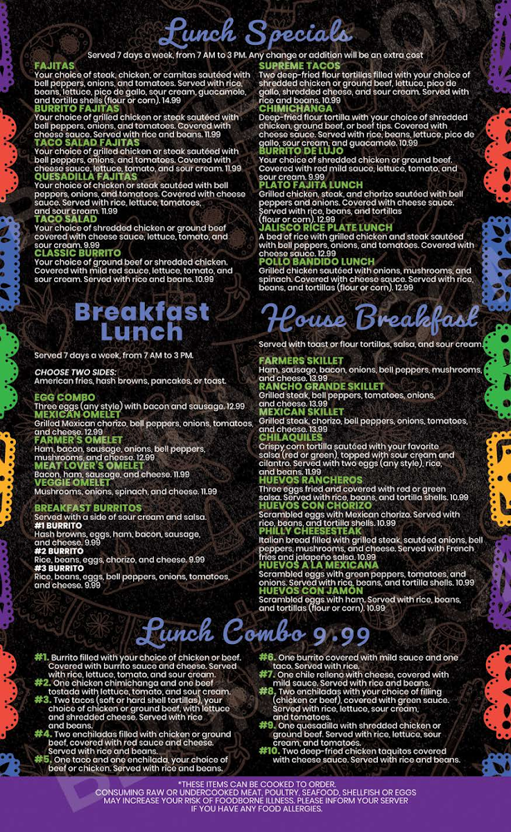 Rancho Grande Bar & Grill menu board
