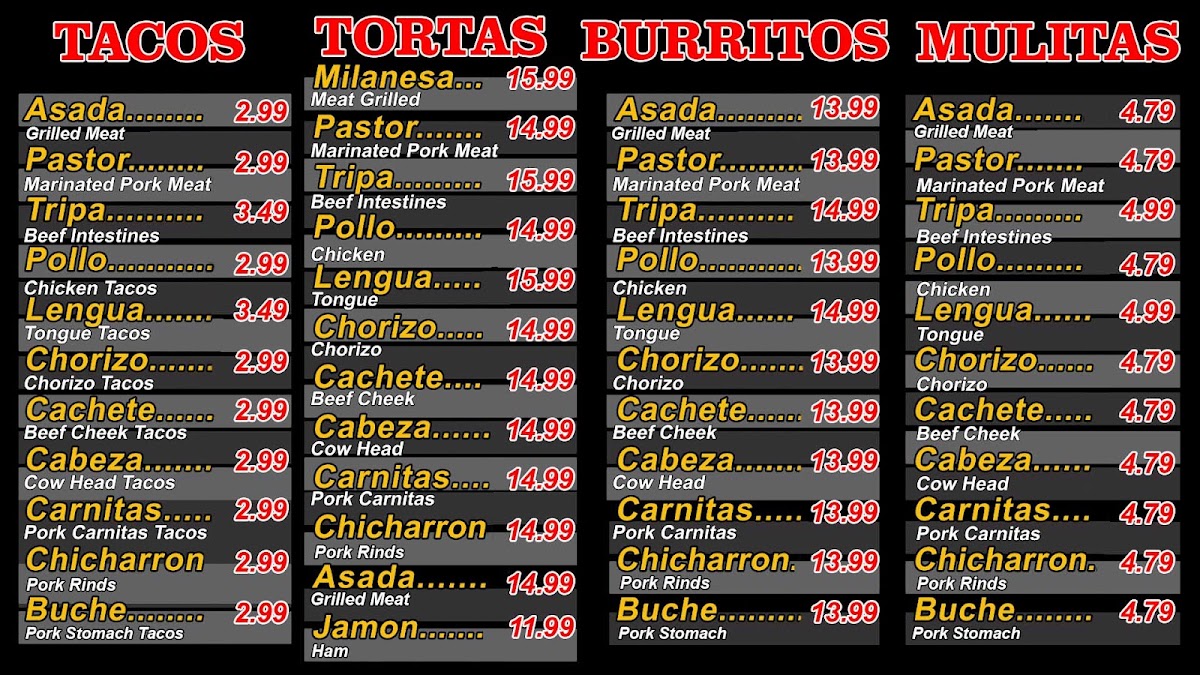 Tacos El Jimador menu board