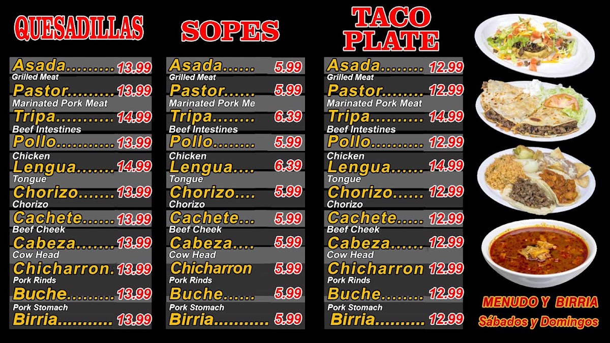 Tacos El Jimador menu board
