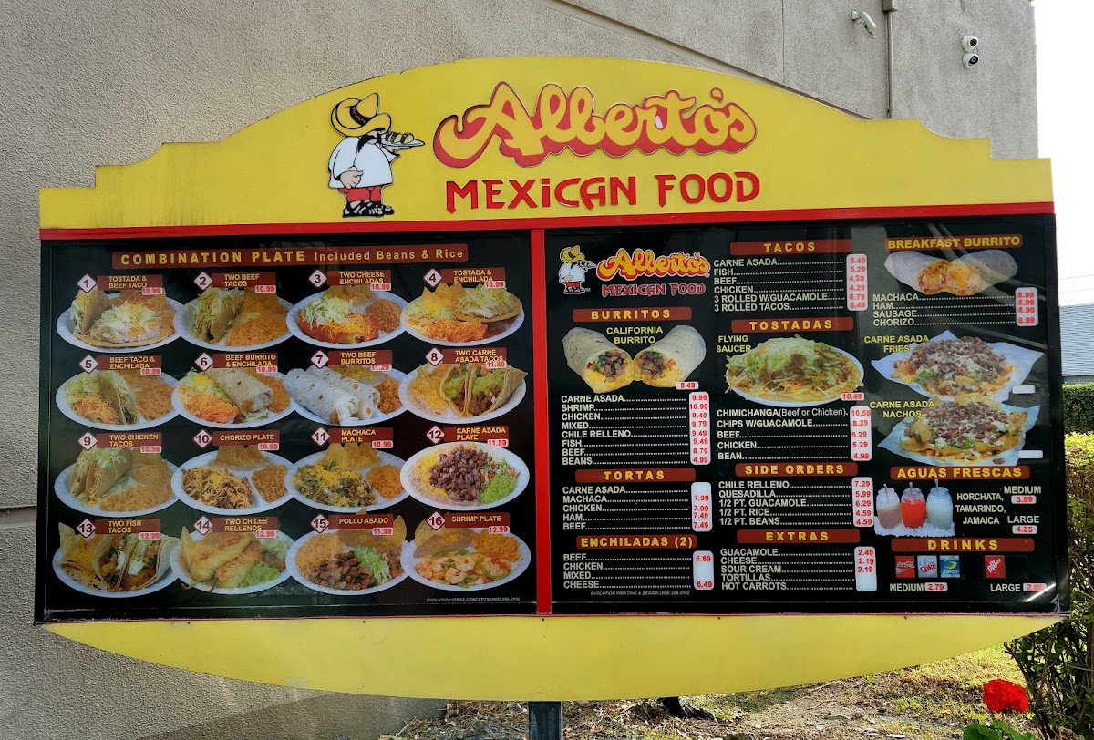 Albertos Mexican Food menu board