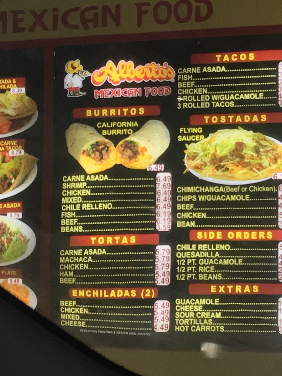 Albertos Mexican Food menu board