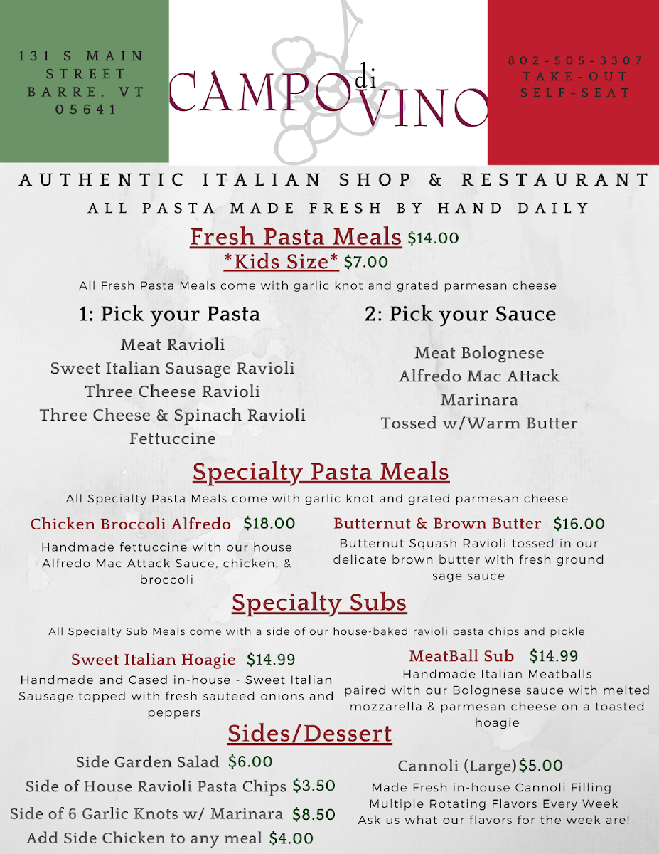 Campo di Vino menu board