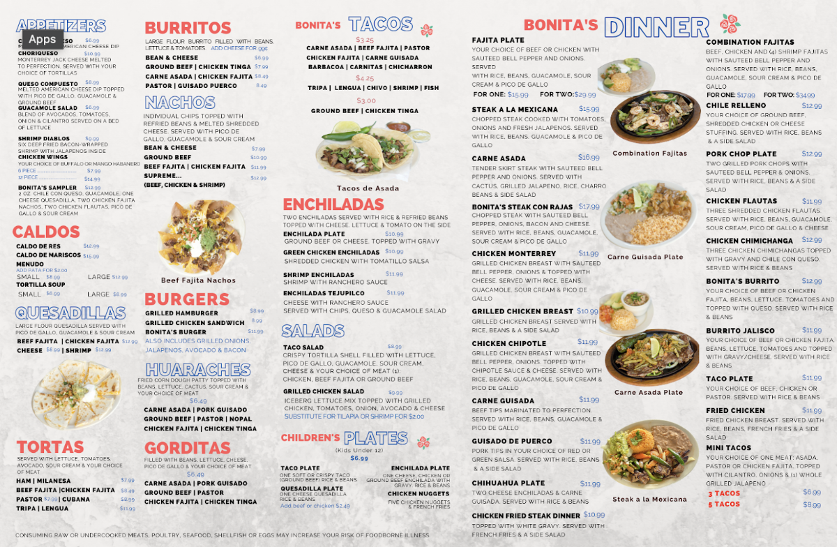 La Bonita #2 Mexican Restaurant menu board