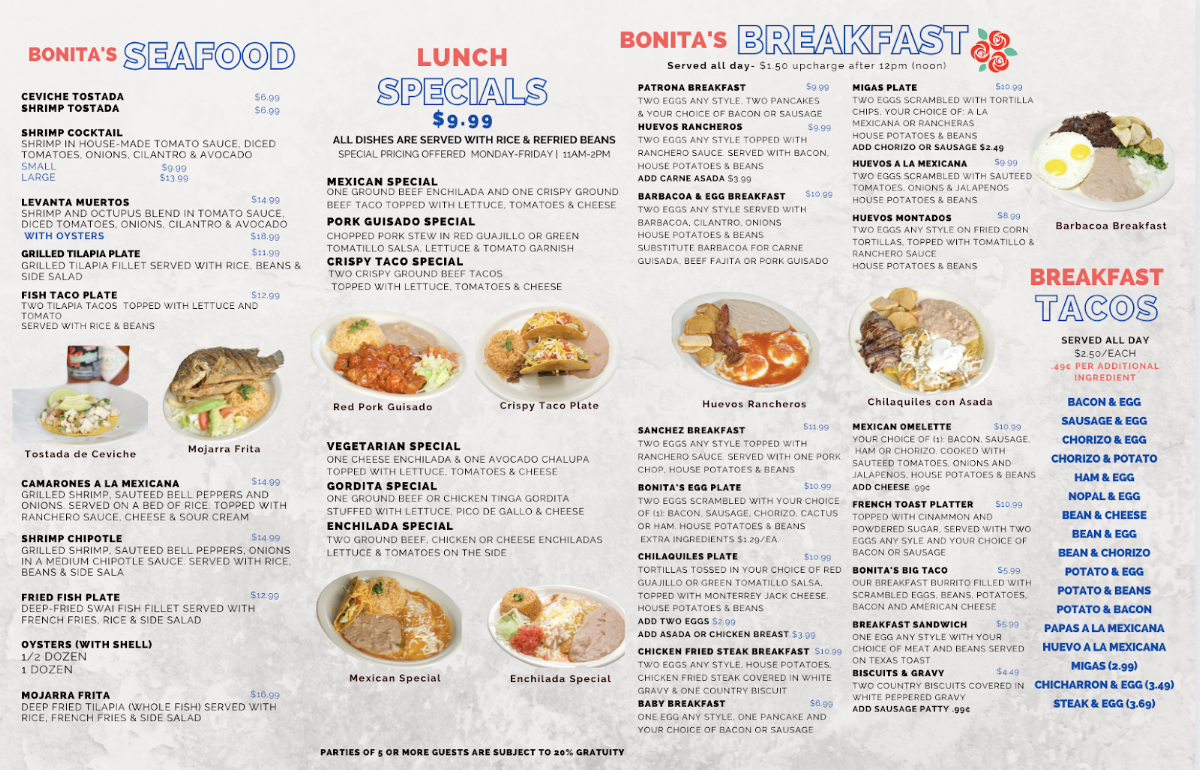 La Bonita #2 Mexican Restaurant menu board
