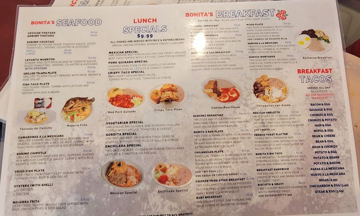 La Bonita #2 Mexican Restaurant menu board