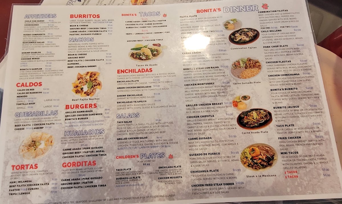 La Bonita #2 Mexican Restaurant menu board