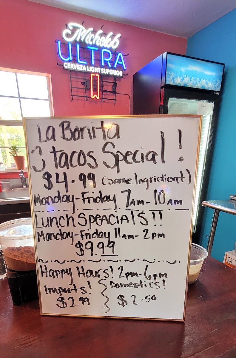 La Bonita #2 Mexican Restaurant menu board