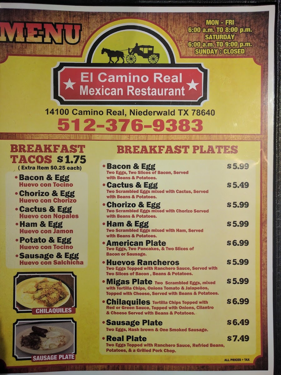 El Camino Real Restaurant menu board