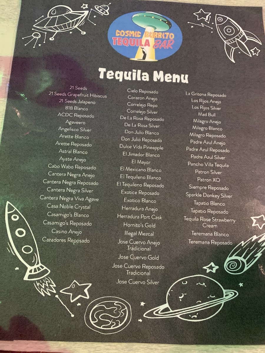 Cosmic Burrito Tequila Bar, Food Truck and catering menu board
