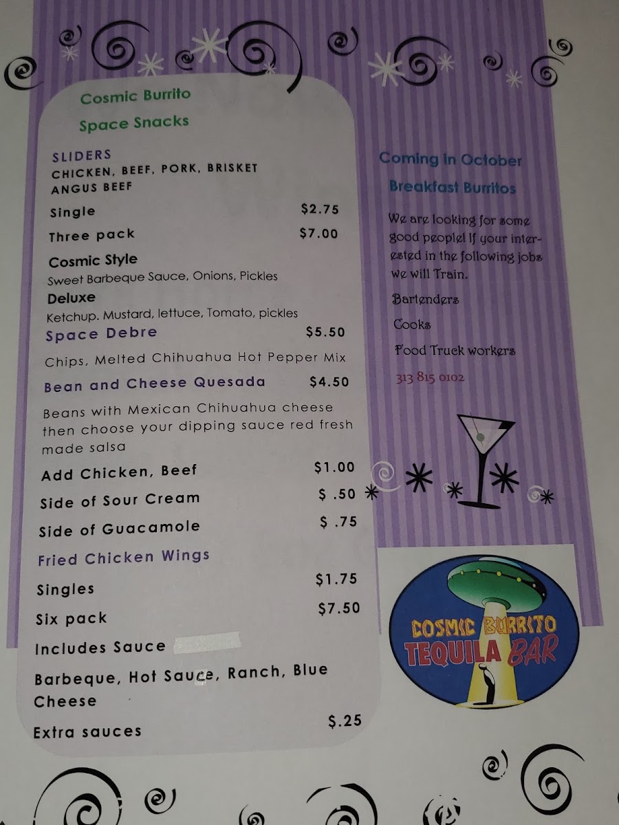 Cosmic Burrito Tequila Bar, Food Truck and catering menu board