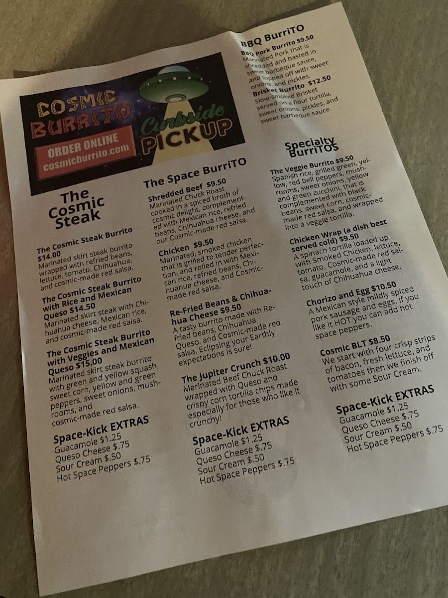 Cosmic Burrito Tequila Bar, Food Truck and catering menu board