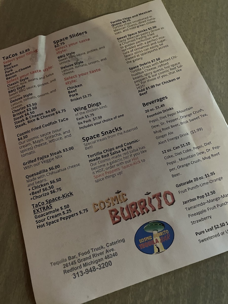 Cosmic Burrito Tequila Bar, Food Truck and catering menu board
