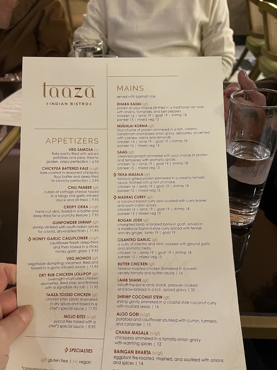 Taaza Indian Bistro Clemmons menu board