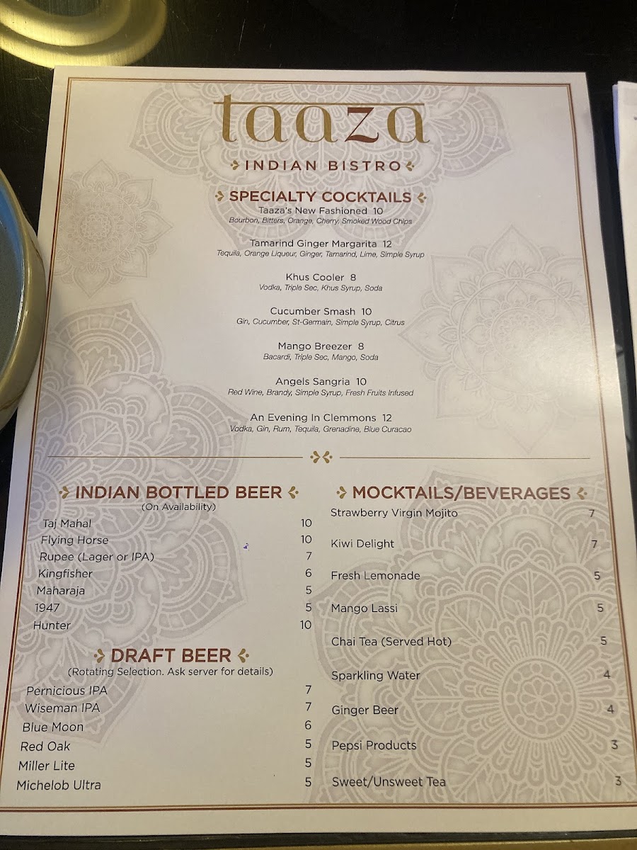 Taaza Indian Bistro Clemmons menu board