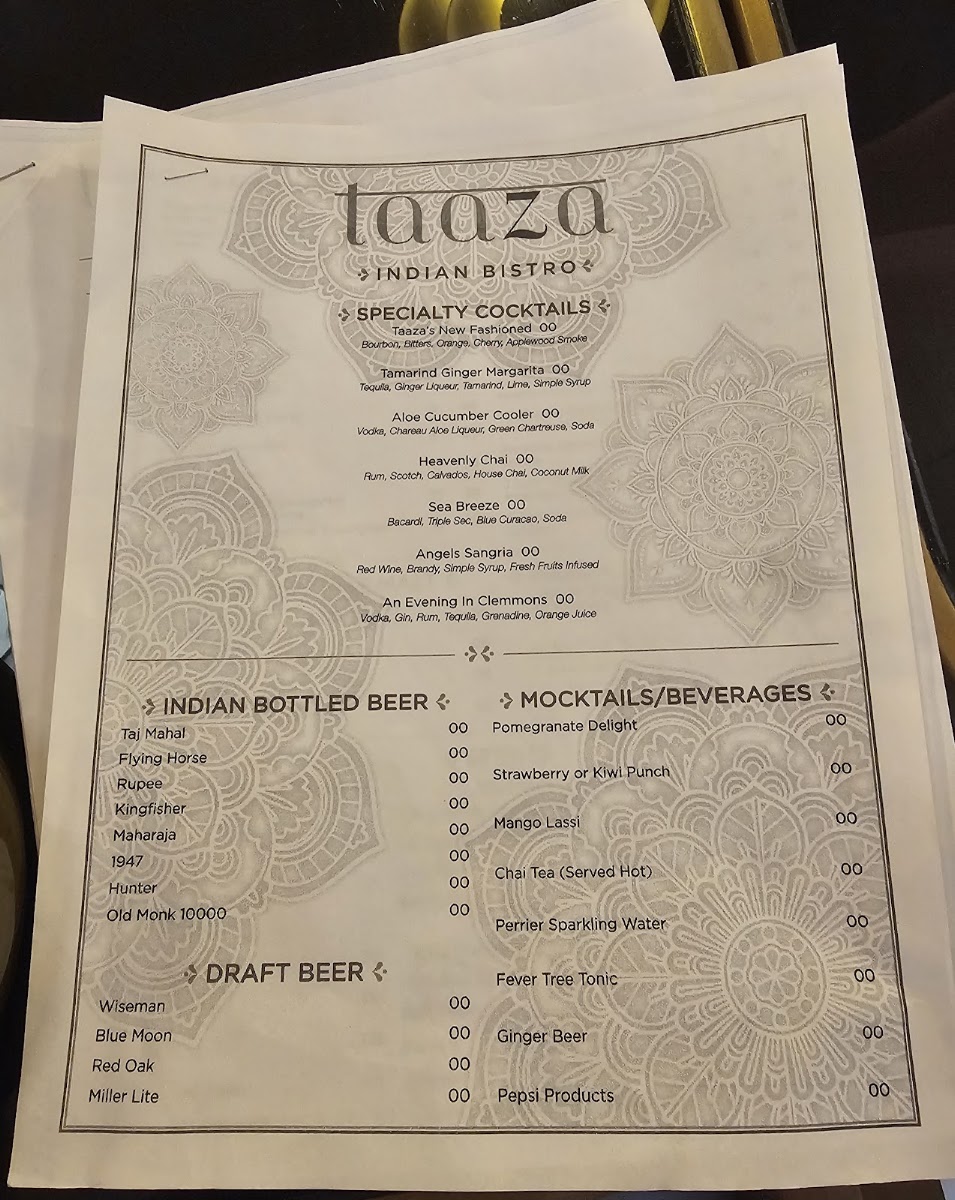 Taaza Indian Bistro Clemmons menu board