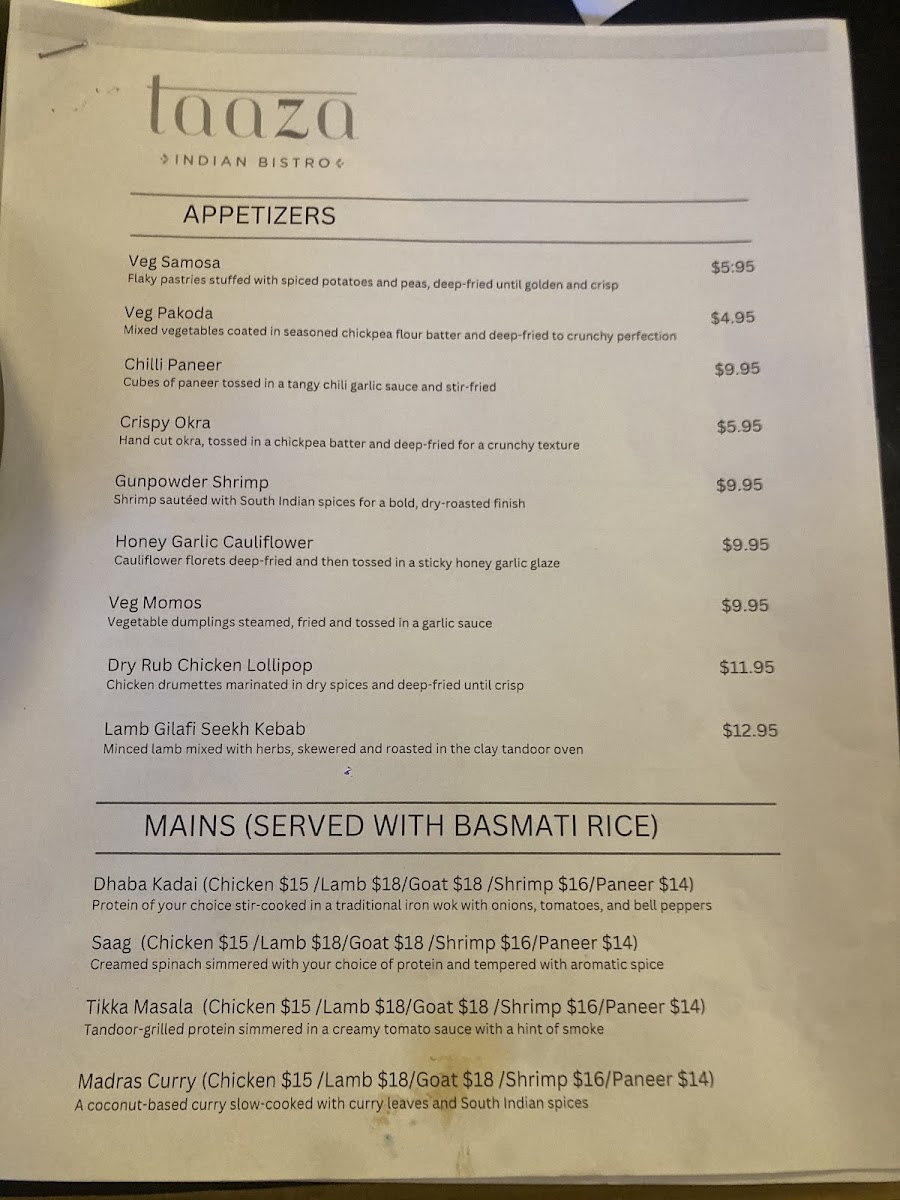 Taaza Indian Bistro Clemmons menu board