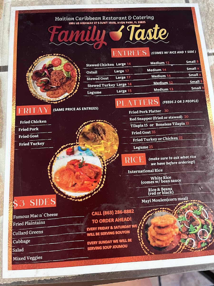 Family Taste Restaurant & Lounge menu board