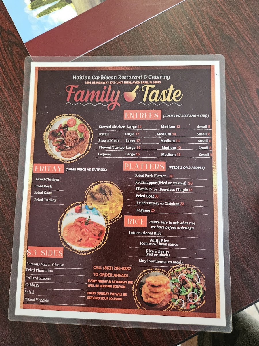 Family Taste Restaurant & Lounge menu board