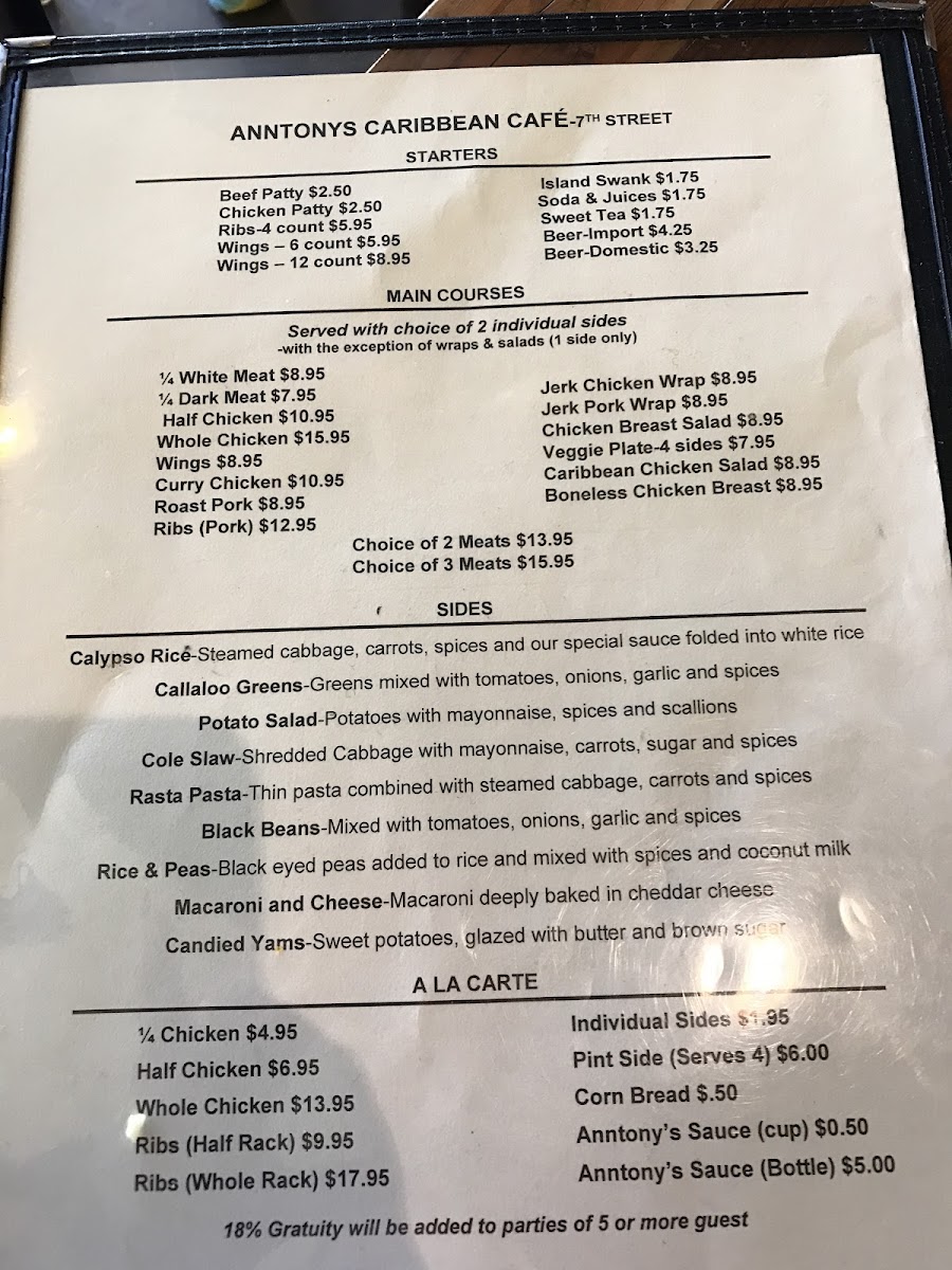 Anntony's Caribbean Cafe menu board