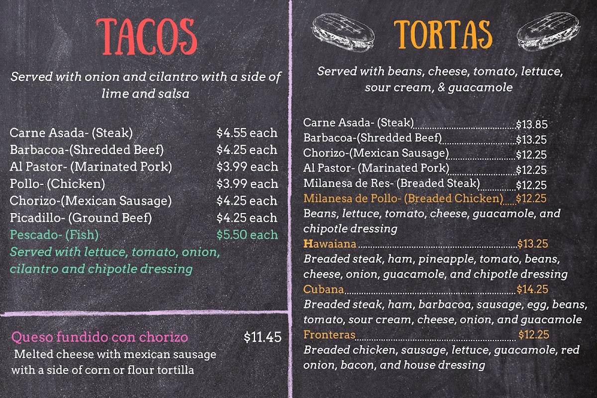 Fronteras Mexican Grill menu board