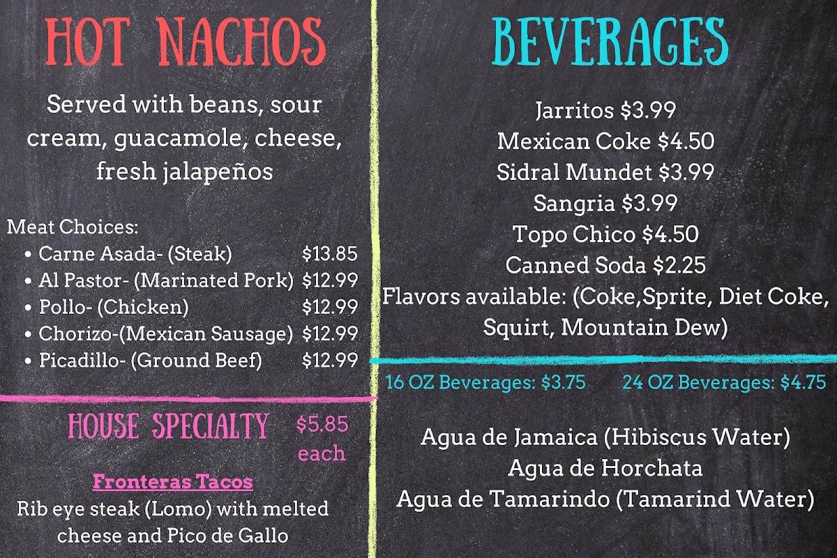 Fronteras Mexican Grill menu board