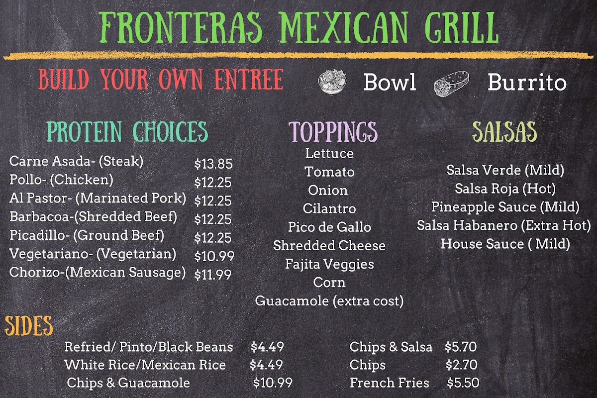 Fronteras Mexican Grill menu board