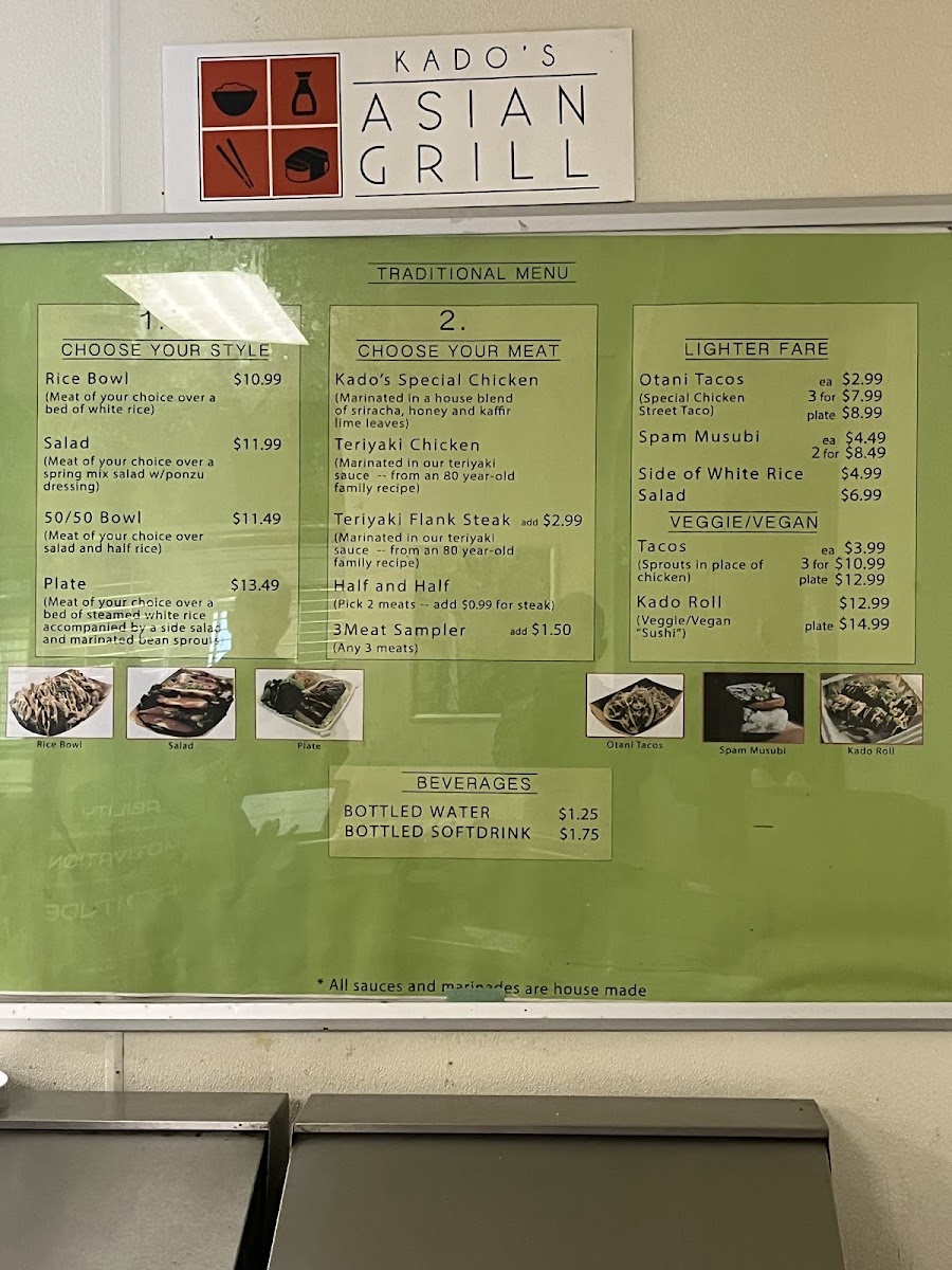 Kado's Asian Grill menu board