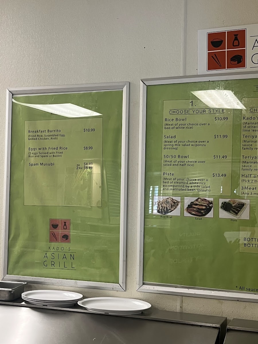 Kado's Asian Grill menu board