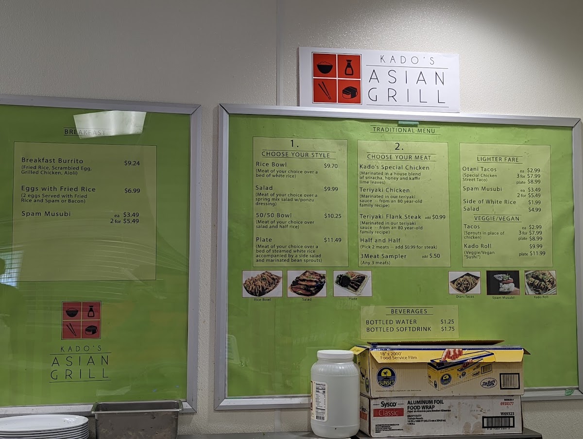Kado's Asian Grill menu board