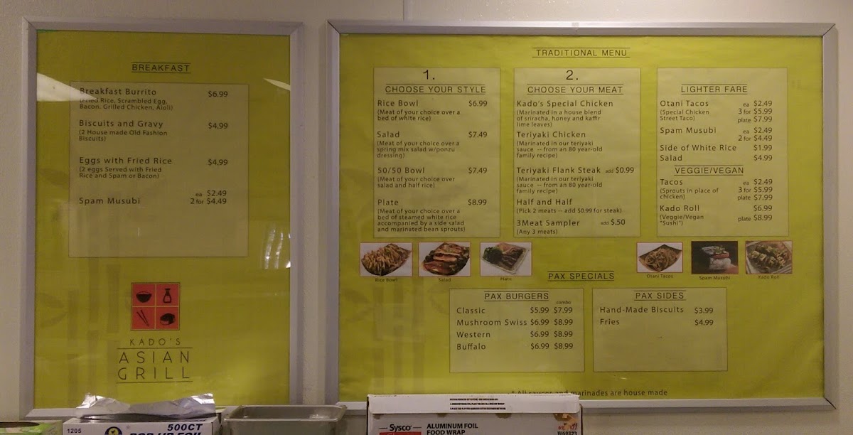 Kado's Asian Grill menu board