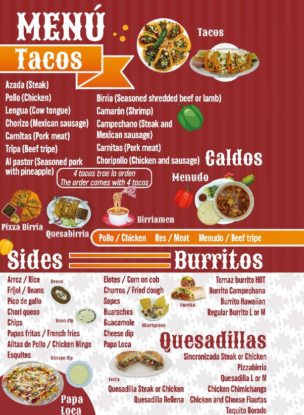 Taqueria Tajumulquense menu board
