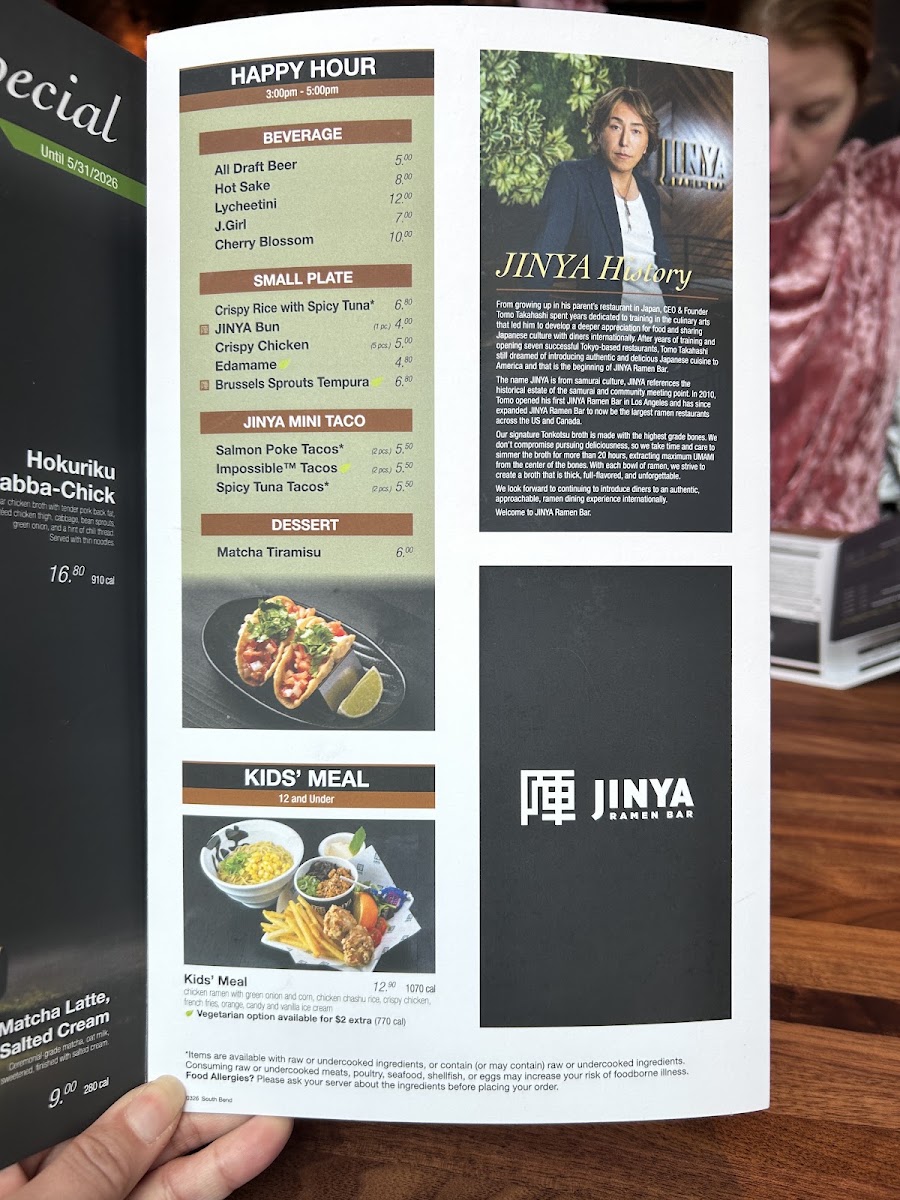 JINYA Ramen Bar - South Bend menu board