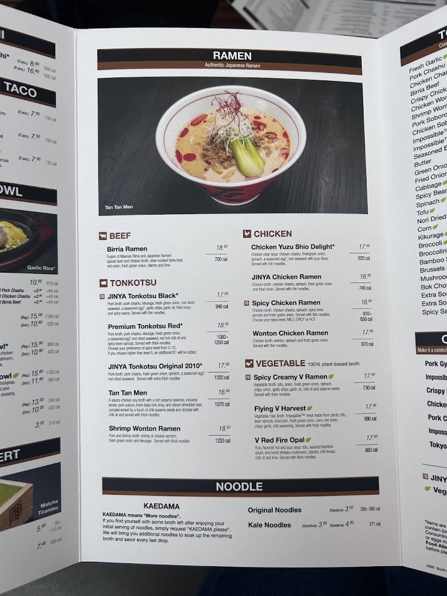 JINYA Ramen Bar - South Bend menu board