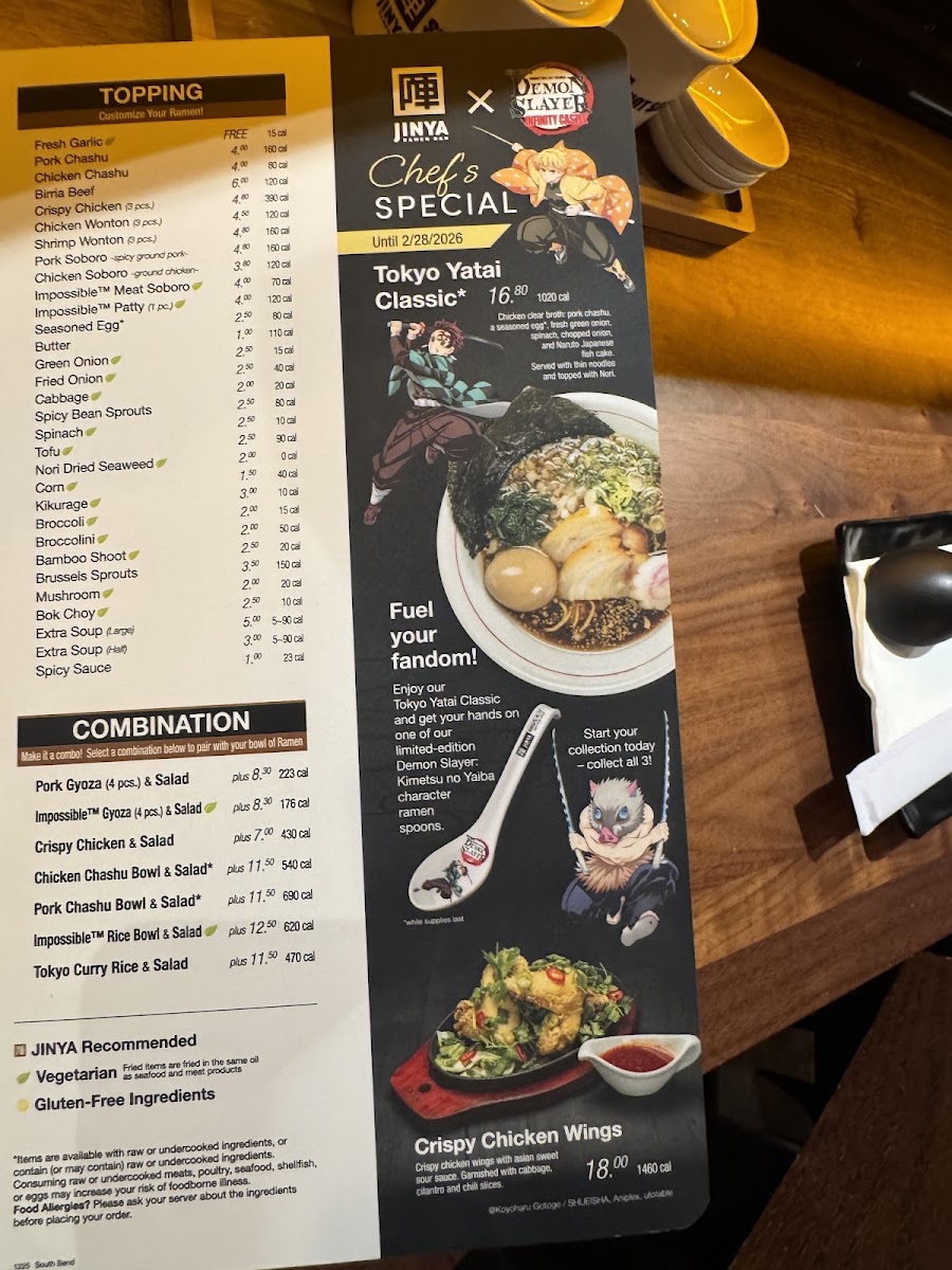 JINYA Ramen Bar - South Bend menu board