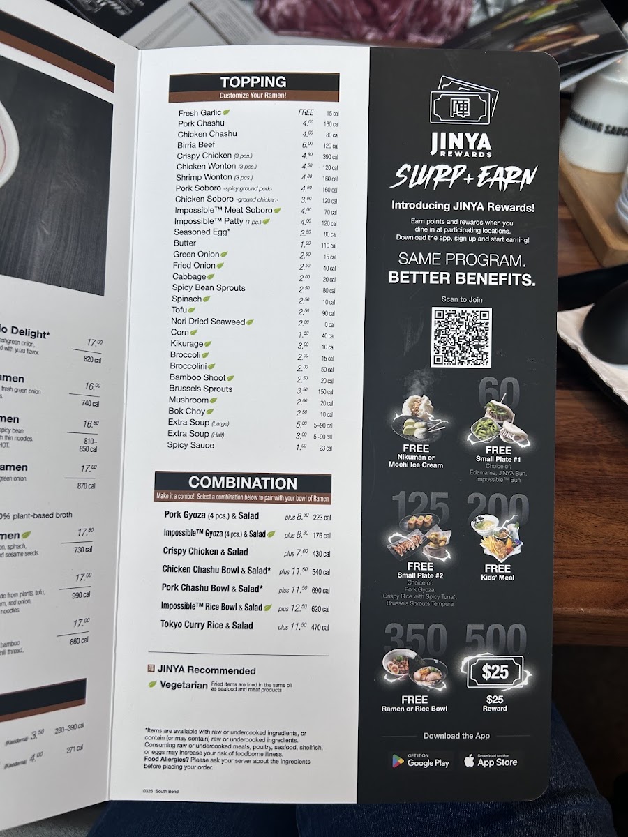 JINYA Ramen Bar - South Bend menu board