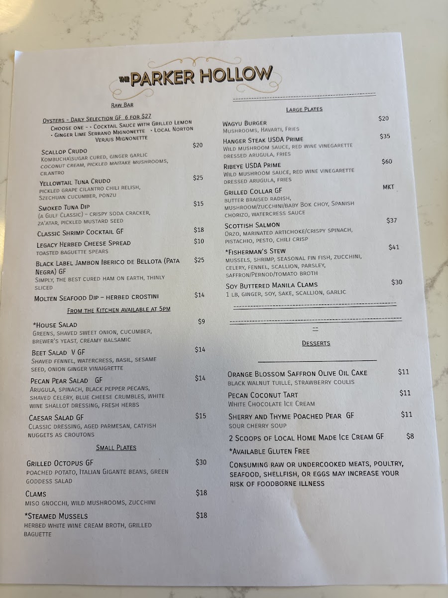 The Parker Hollow menu board