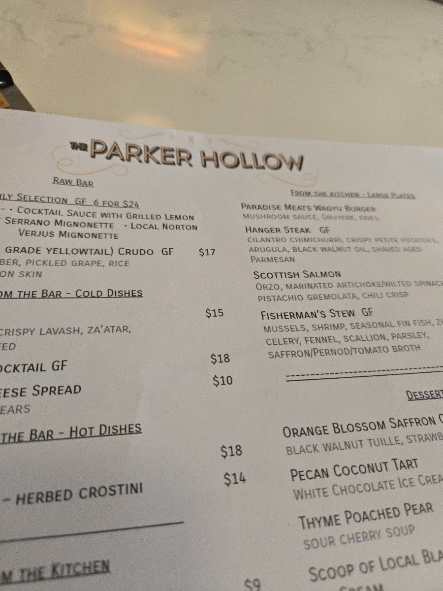 The Parker Hollow menu board