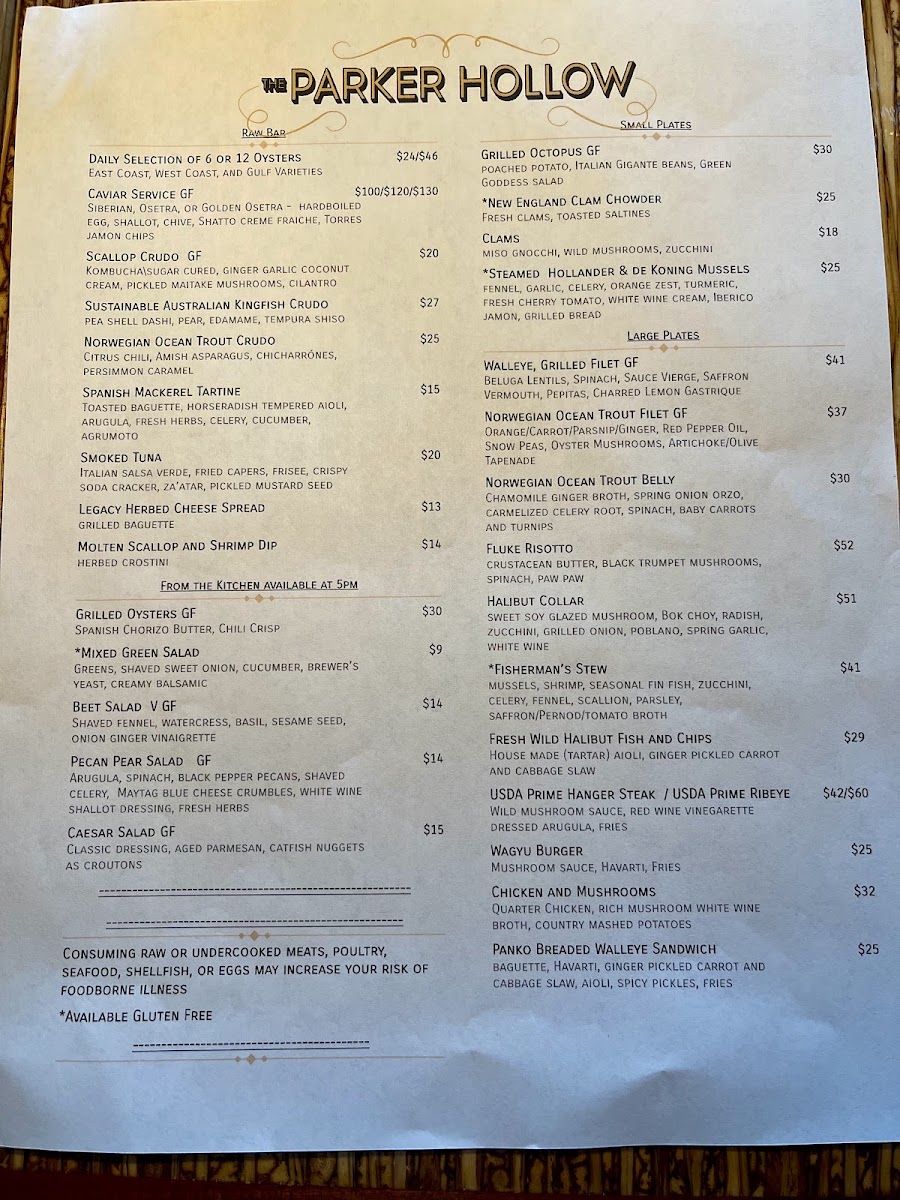 The Parker Hollow menu board