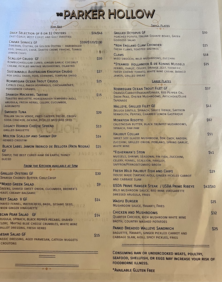 The Parker Hollow menu board