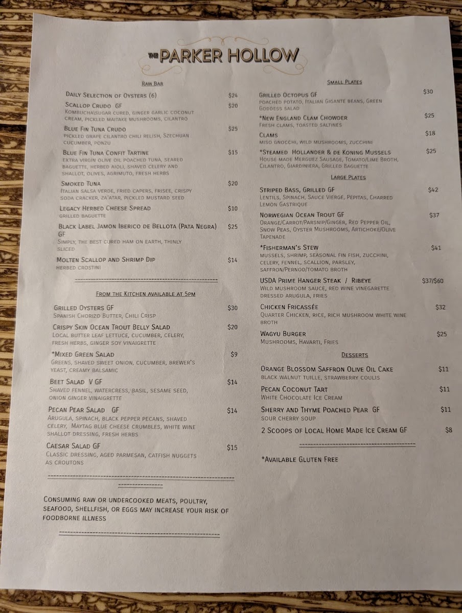 The Parker Hollow menu board
