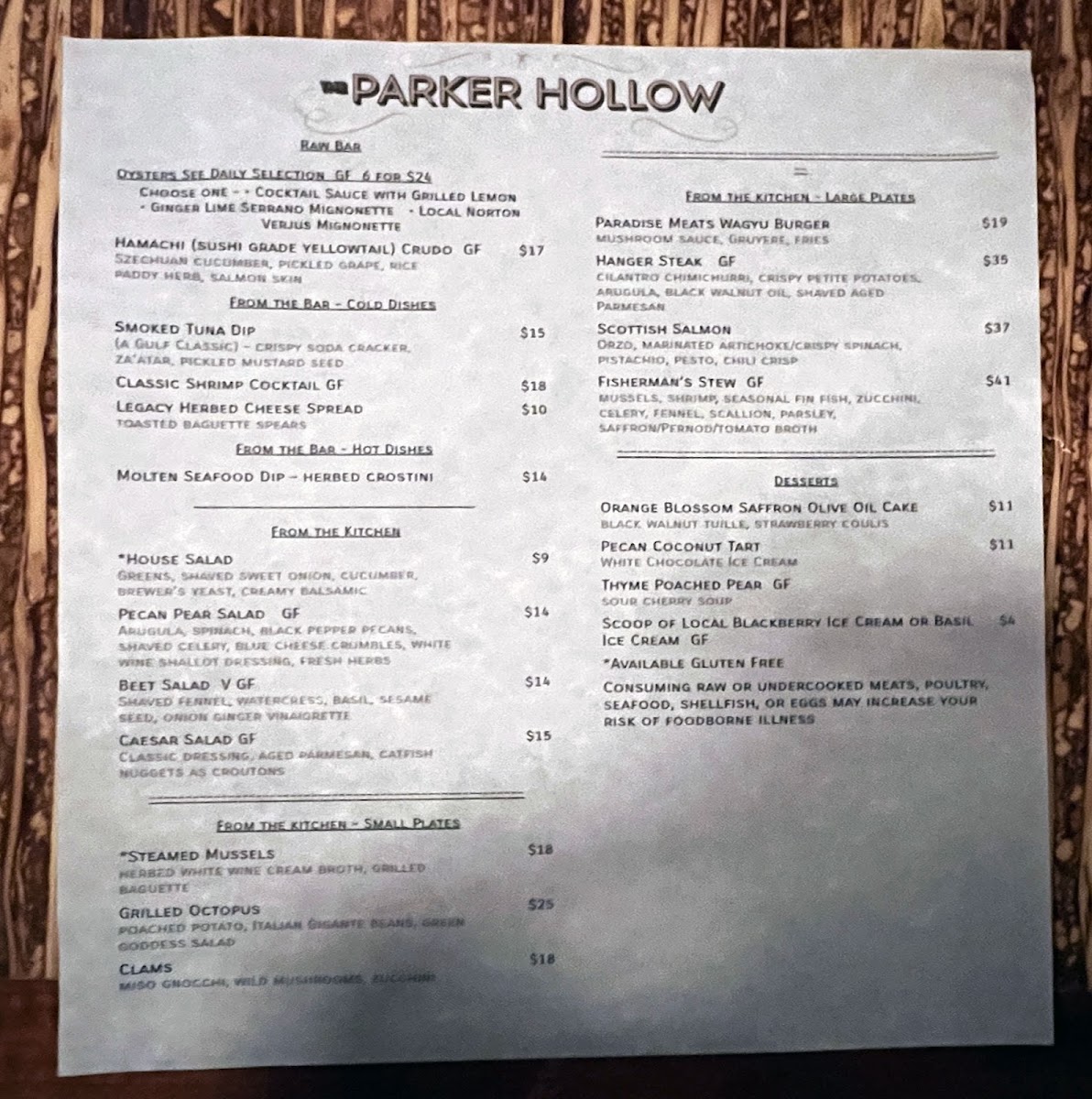 The Parker Hollow menu board