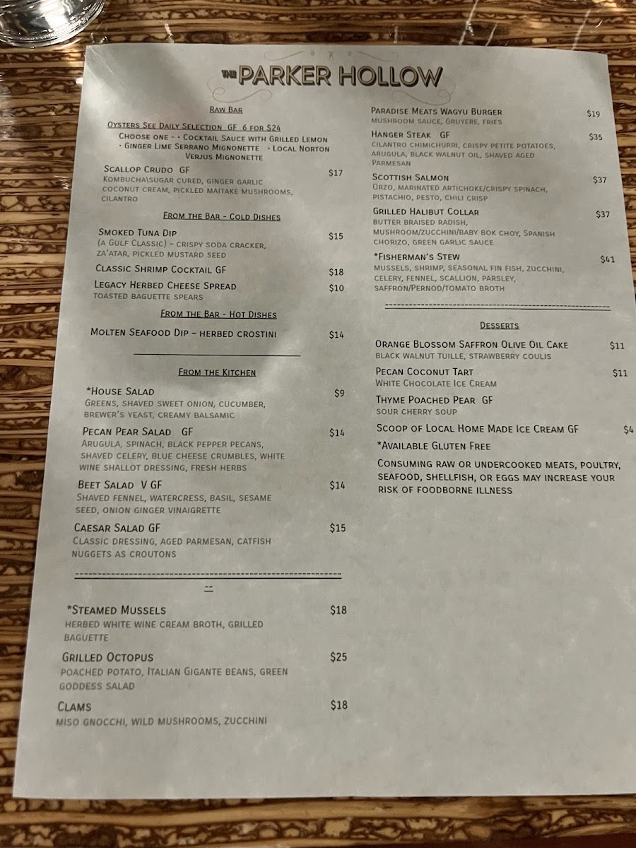 The Parker Hollow menu board