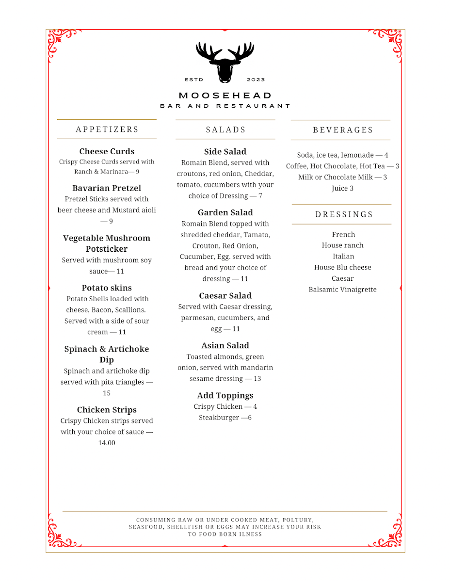 Moosehead bar and resturant menu board