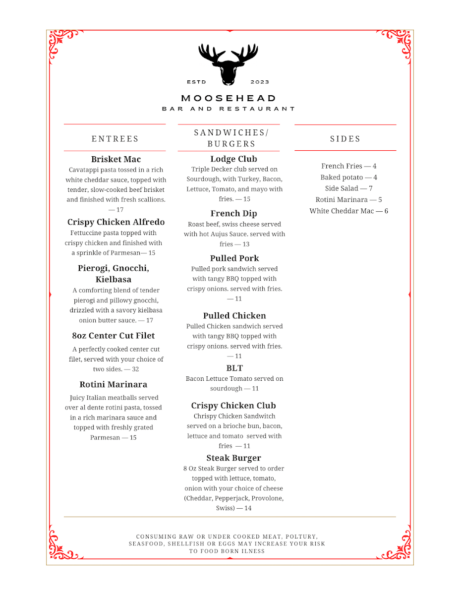 Moosehead bar and resturant menu board