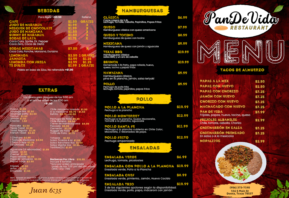 Pan De Vida Restaurant menu board