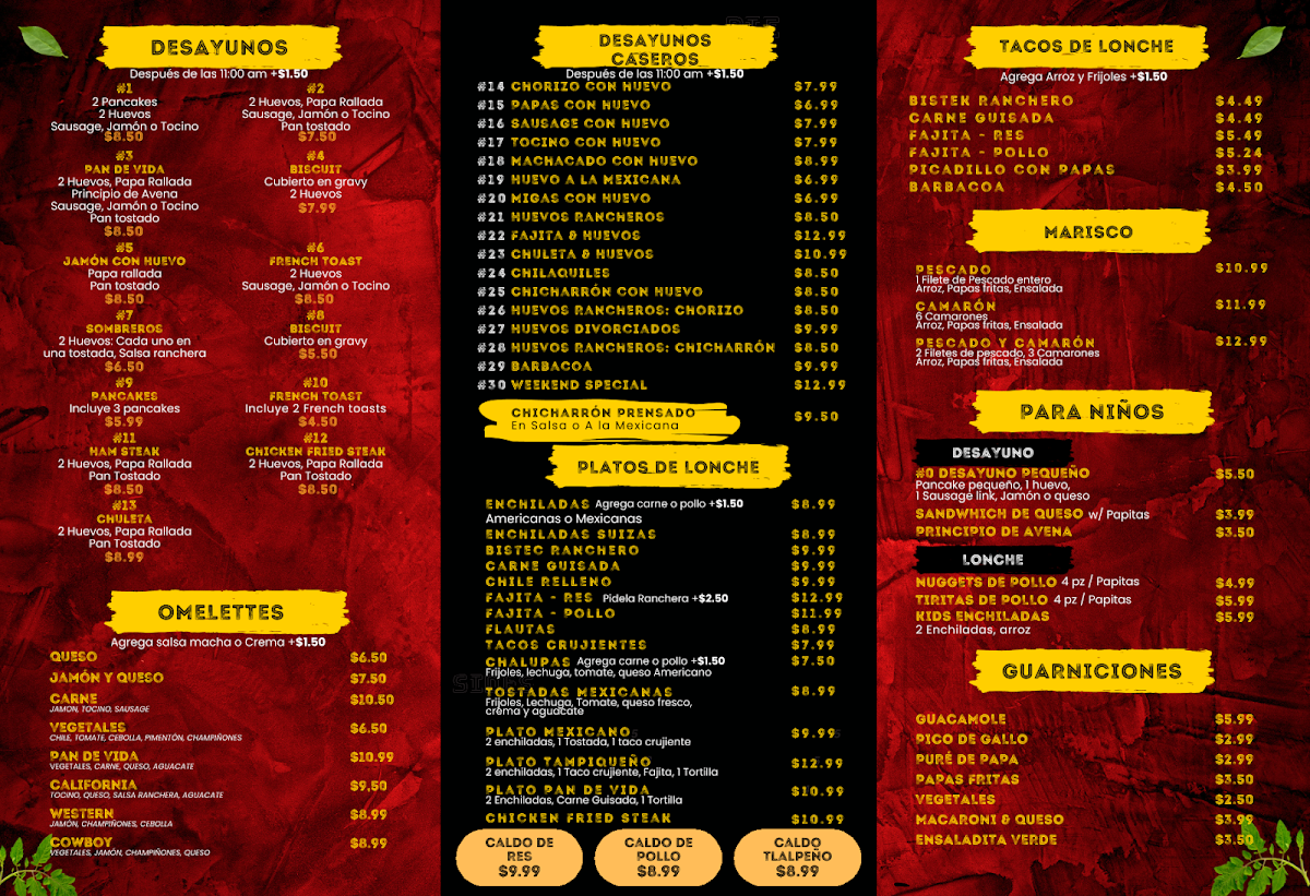 Pan De Vida Restaurant menu board