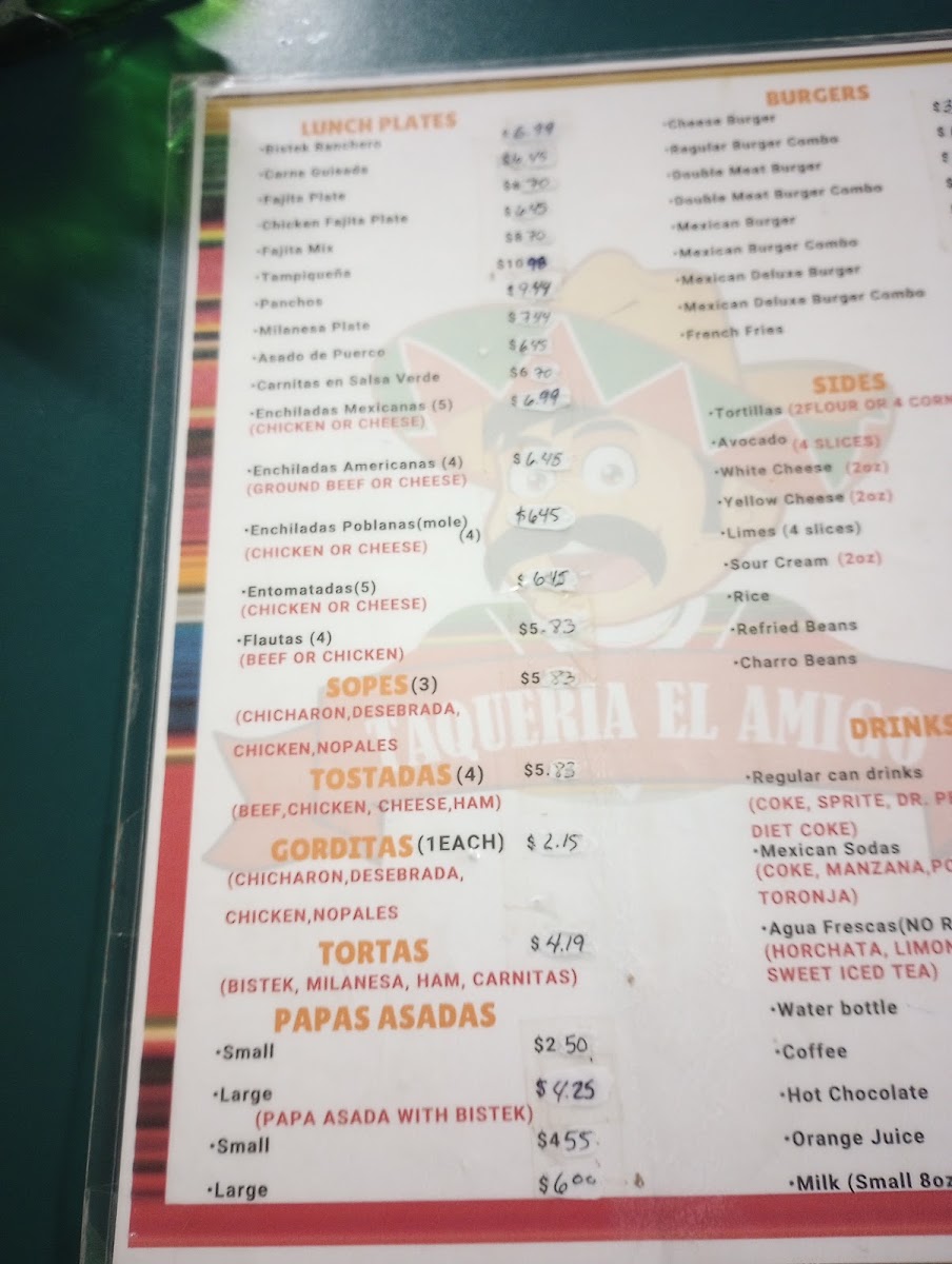 Taqueria El Amigo menu board
