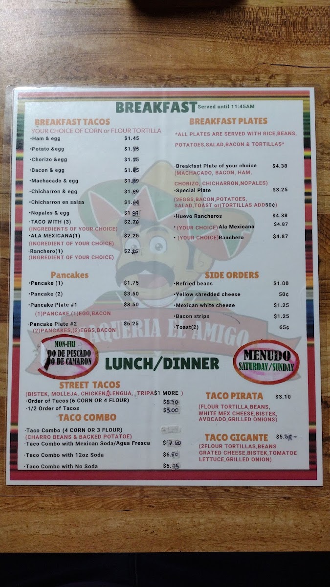 Taqueria El Amigo menu board