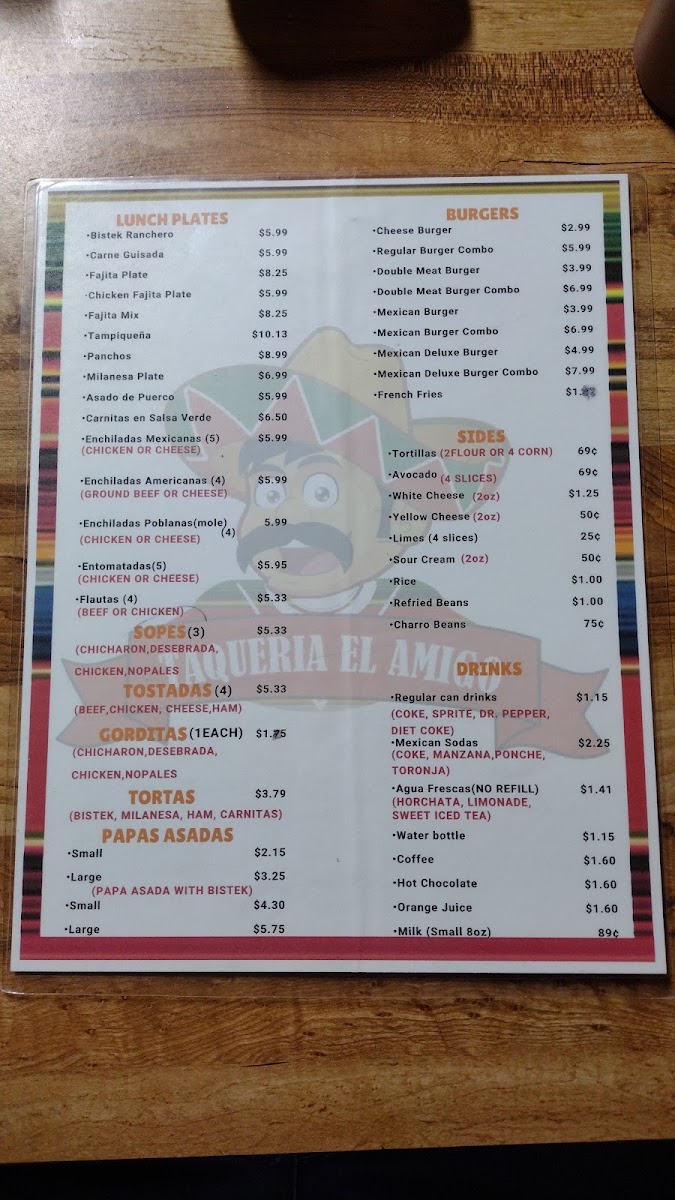 Taqueria El Amigo menu board